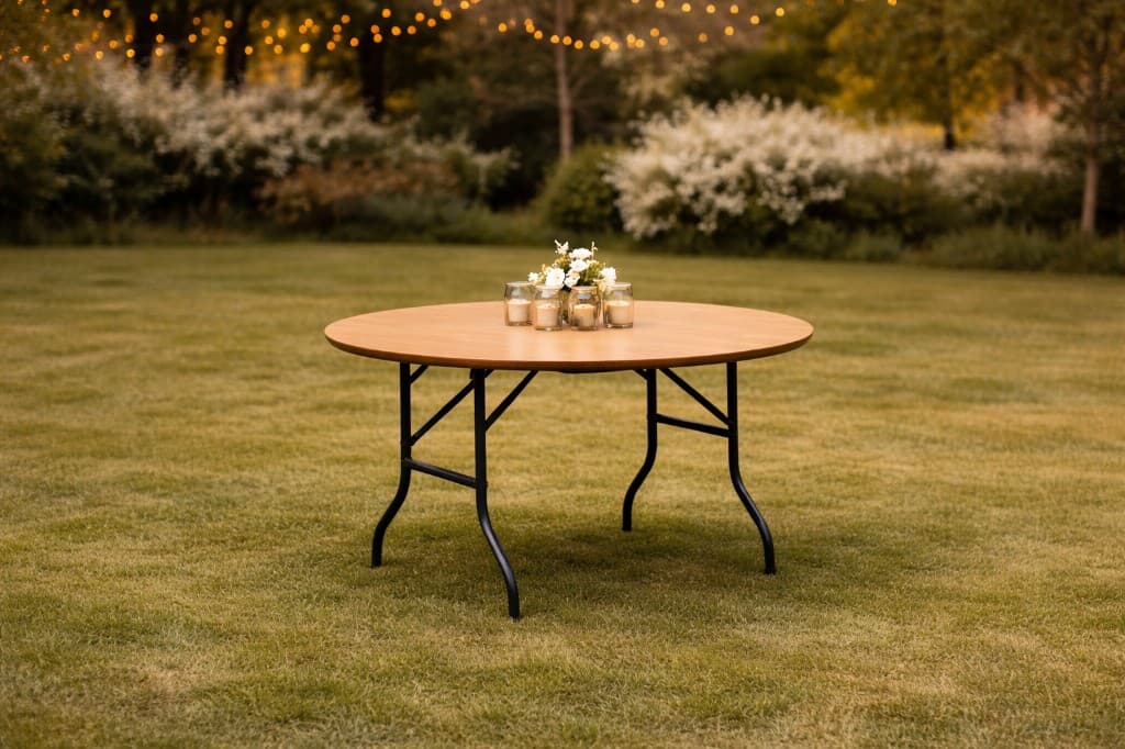 60-inch wood-grain round folding table on a lawn with centerpiece and string lights for a Connecticut outdoor event