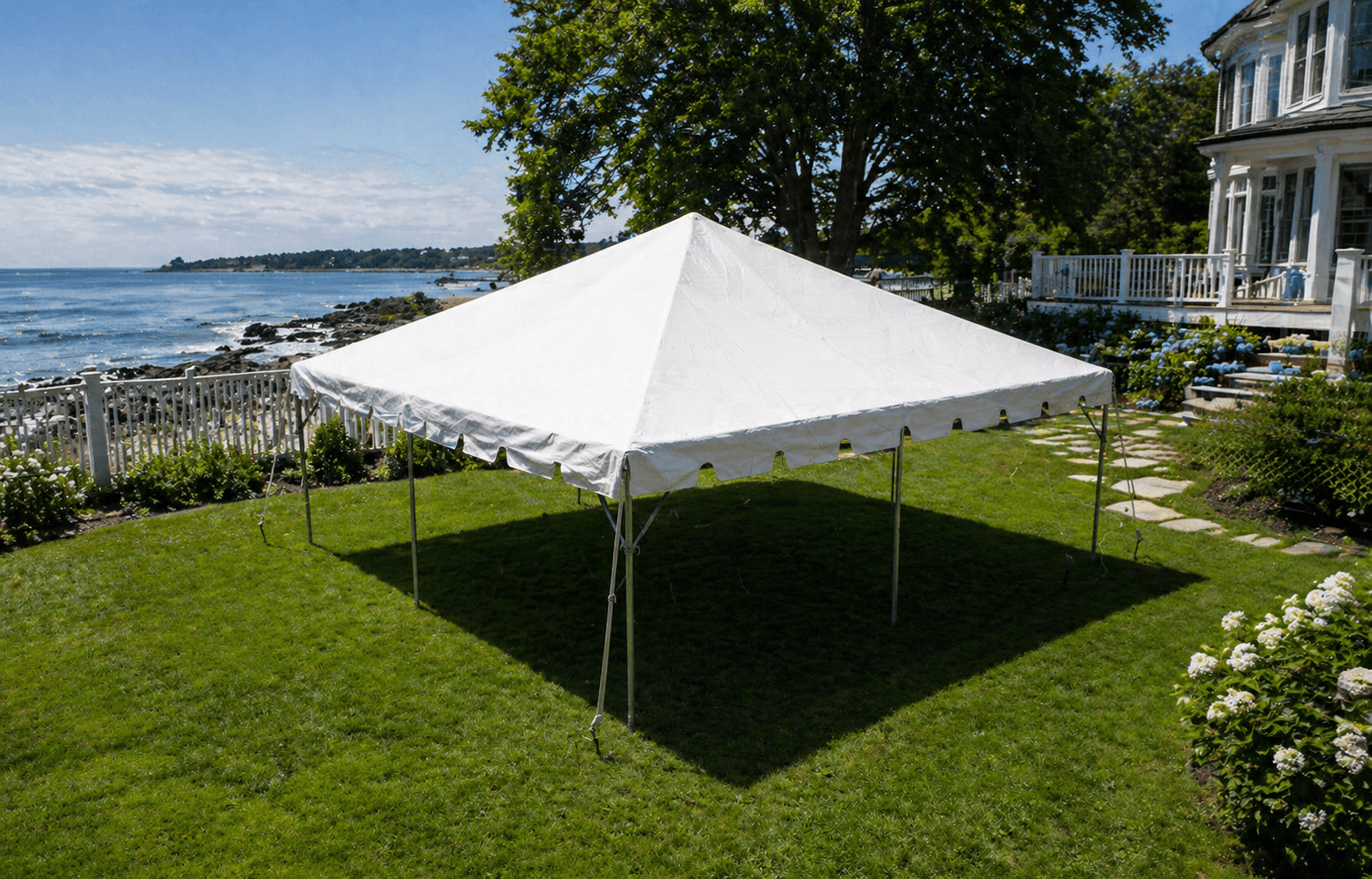 20x20 fiesta-style frame tent setup for a Connecticut backyard or neighborhood gathering