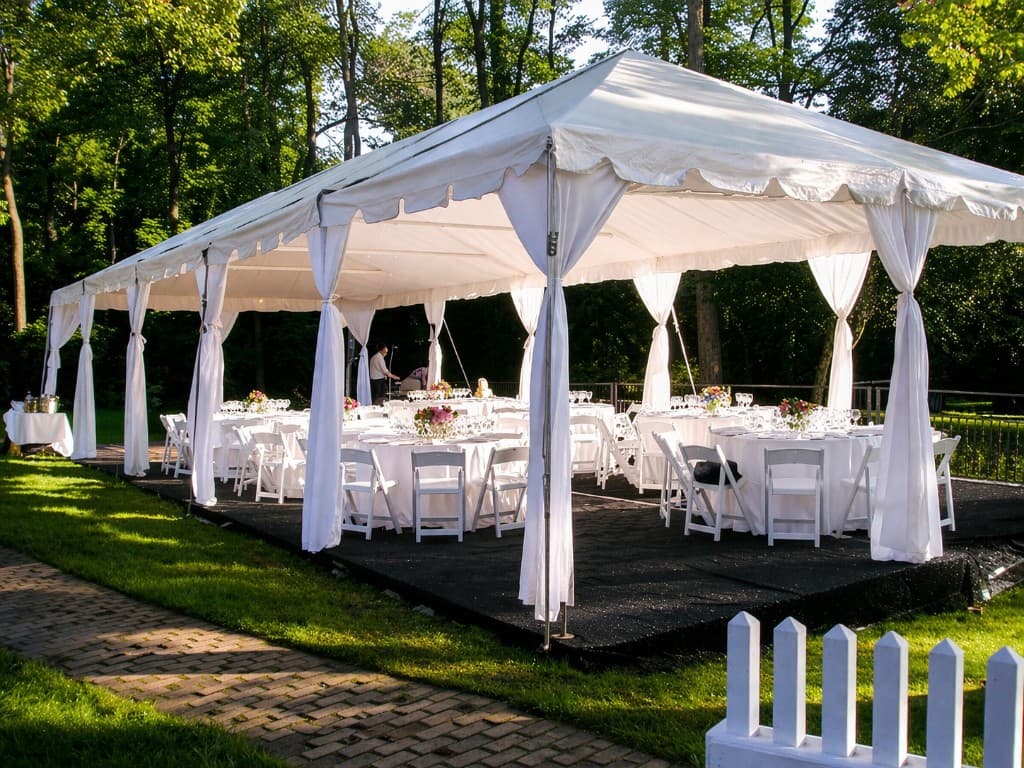 Outdoor wedding reception under a white frame tent with round tables and elegant table settings