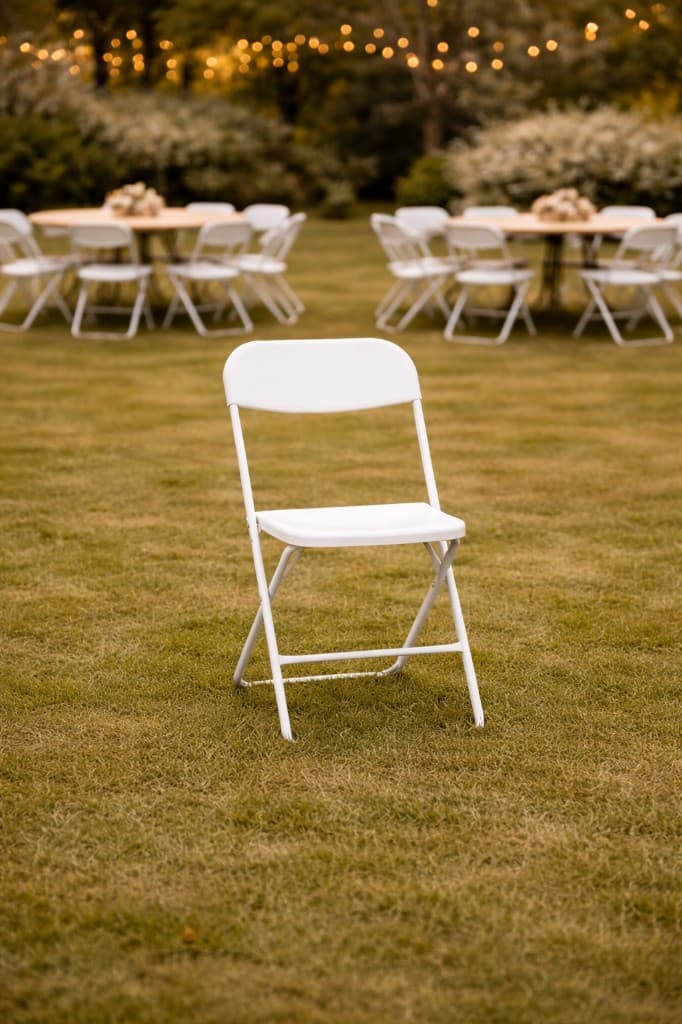 White folding chair on a lawn at an outdoor Connecticut reception with round tables and string lights in the background